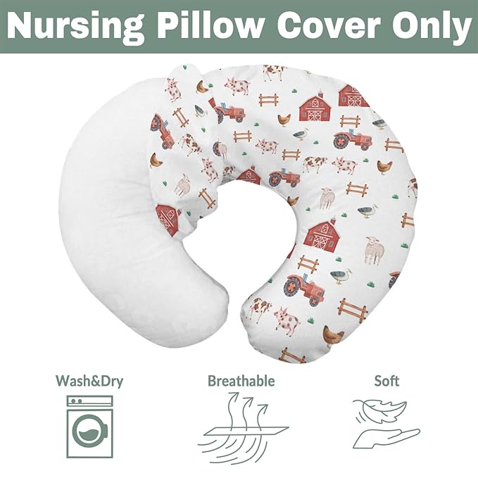 Farm Animals Life Baby Nursing Pillow Covers for Boy Girl Tractor Barn Pig Cow Lamb Hen Duck Soft Nursing Slipcovers for Breastfeeding Pillows Farmyard Stretchy Removable Covers for Newborn Infant