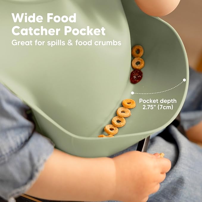 KeaBabies 2-Pack Silicone Bibs for Babies, Toddlers Girl, Boy – Sturdy Food-Grade Baby Bibs for Eating, Large Food Catcher, Clean & Put On Easily, Waterproof Toddler Feeding Essentials (Sage)