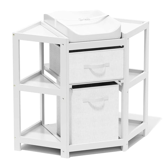 Glaf Corner Changing Table, Baby Diaper Changing Station with Storage Drawer Laundry Hamper Multifunctional Portable Diaper Station with Changing Pad for Newborn Infant (White)