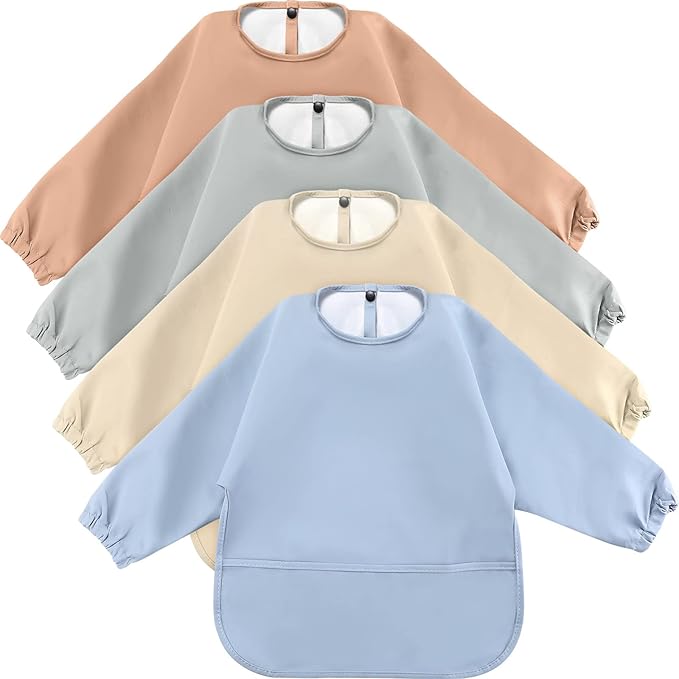 JaGely 4 Pack Long Sleeve Baby Bibs Waterproof Smock Bid with Elastic Cuffs Large Pocket for Baby Eating Feeding 6-36 Months