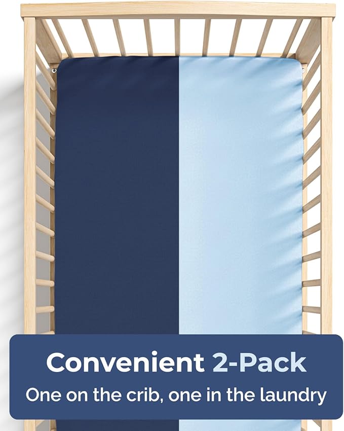 Baby Crib Sheets for Boys & Girls - Pack of 2 Fitted Microfiber Crib Sheets for Standard Crib & Toddler Mattress - Breathable & Wrinkle Free - Machine Washable, Oeko Tex - 52x28x8in - Navy Baby Blue