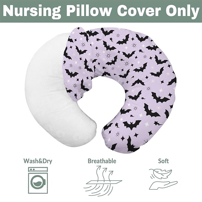 Purple Pastel Halloween Baby Nursing Pillow Covers for Boy Girl Black Bat and Stars Nursing Pillowcase for Breastfeeding Pillows Spooky Halloween Night Soft Stretchy Slipcovers for Newborn Infant
