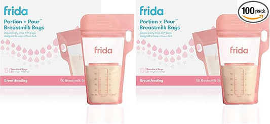 Frida Mom Breastmilk Storage Bags, 50ct Standard Freeze & Thaw Milk Bags for Breastmilk, Leakproof Seal, Perfect Pour Spout, Precise Portions, No Slip Finger Grip, BPA Free, 6oz Bag (Pack of 2)
