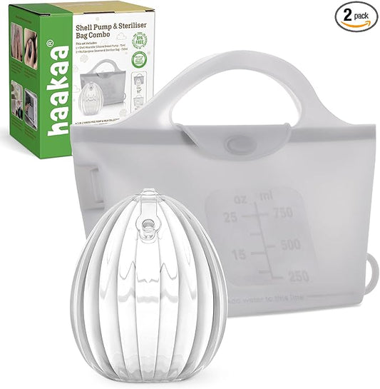 haakaa Wearable Silicone Breast Pump with Steriliser Bag, 2-in-1 Hands-Free Passive Breast Milk Catcher for Nursing Mom, Breastfeeding Essentials, 75ml Shell Pumps & 1 Steriliser Bag - Grey