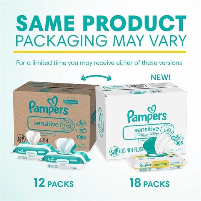Pampers Sensitive Baby Wipes, Water Based, Clinically Proven, Hypoallergenic, and Unscented for Babies, 1008 Wipes Total (18 Flip-Top Packs) [Packaging May Vary]