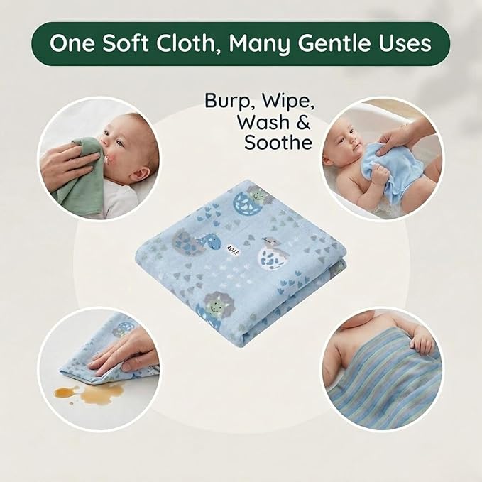 EVERYDAY KIDS 12 Pack Burp Cloths for Baby Boy; Newborn Essential with - Large Absorbent Cotton Flannel Blue/Green Burping Cloths for Babies with Baby Dinosaurs, Zig Zag and Stripe Prints and Solids