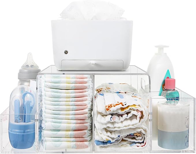 NANYEZH Acrylic Diaper Caddy, Baby Wipes Organizer for Changing Table, Dresser Top Tabletop Organizer with 4 Detachable Compartments, Anti-slip Rubber Feet, Newborn Baby Essentials, Clear
