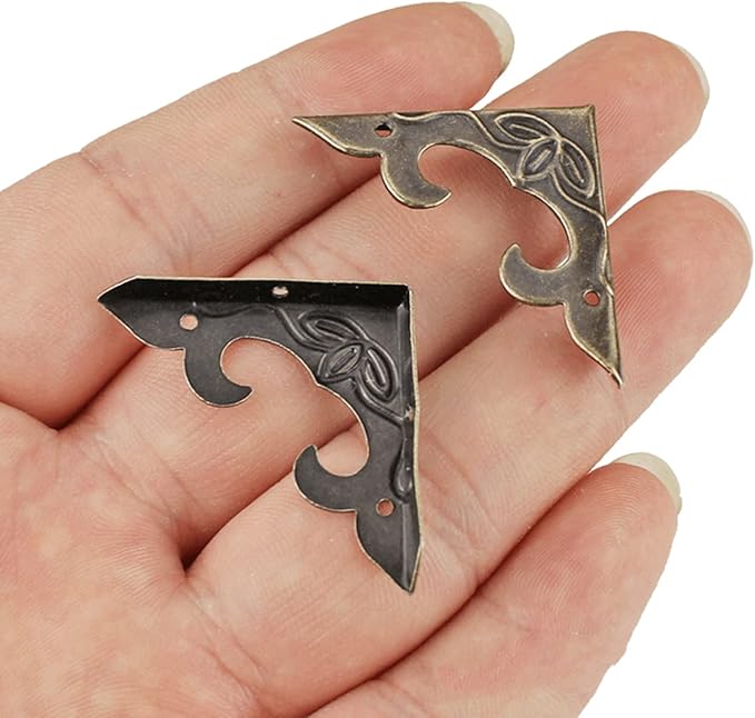 dophee 4Pcs Antique Brass Box Corner Protectors, Vintage Decorative Corner Brackets Guards for Jewelry Box Wooden Case Chest Table Desk Photo Frame, 1.18"x1.18"x0.18"