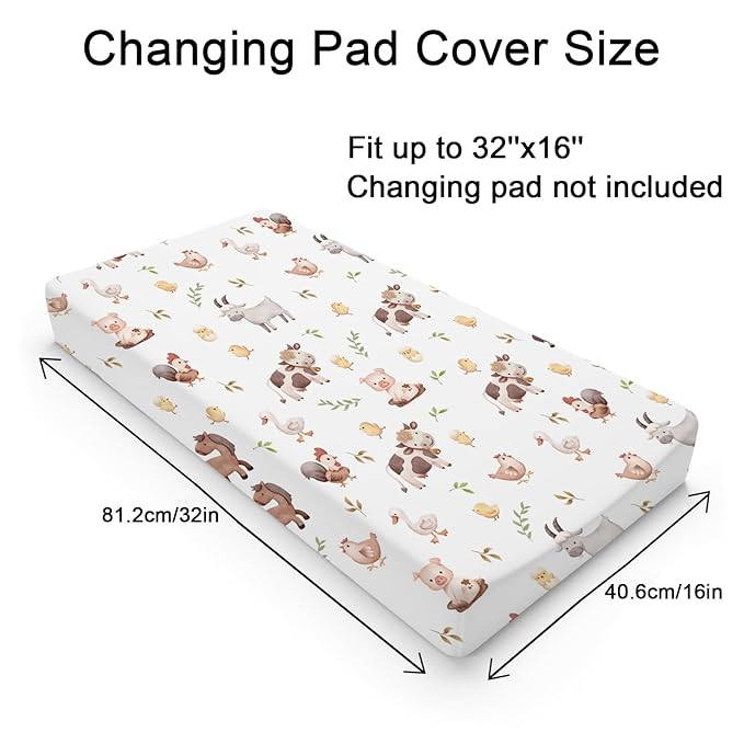 Baby Farm Life Changing Pad Cover for Boy Girl 32''x16'' Farm Animals Pig Goat Horse Cow Chick Rooster Duck Leaves Fitted Changing Pad Sheets Soft Breathable Diaper Change Table Mats