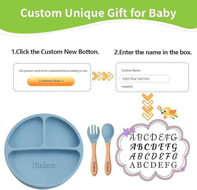 Personalized Silicone Suction Plates for Baby，Custom Toddlers Spoon and Fork, Baby Feeding Set with Name,Baby Birthday Gift for Boy & Girl (Yellow)