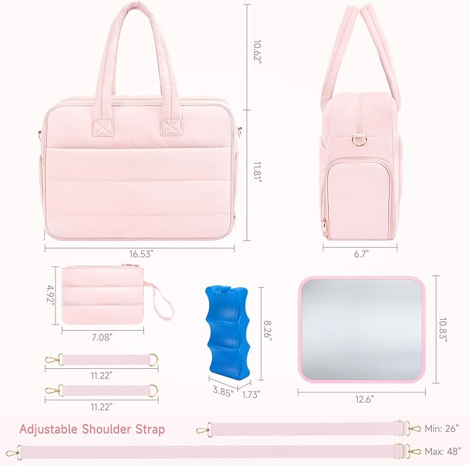 Breast Pump Bag with Insulated Breast Milk Cooler Pocket, Fits Spectra S1/S2 & Most Pumps, Water‑Resistant Work & Travel Tote with 15.6" Laptop Sleeve, Stroller Straps, Luggage Sleeve & Ice Pack, Pink