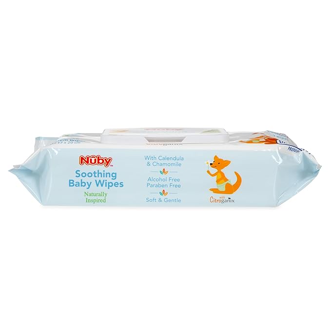 Nuby Soothing Baby Wipes Naturally Inspired with Chamomile Aloe and Citroganix (Fragrance Free/Extra Thick), Unscented, 64 Count (Pack of 2)