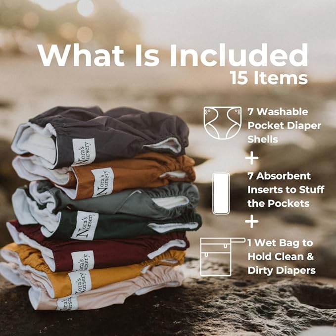 Nora's Nursery Cloth Diapers 7 Pack with 7 Inserts & 1 Wet Bag - Waterproof Cover, Washable, Reusable & One Size Adjustable Pocket Diapers for Newborns and Toddlers-Pacific Neutrals
