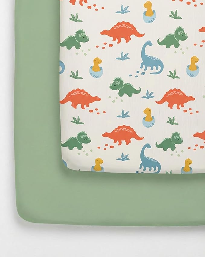Pack and Play Sheets Fitted - 2 Pack Mini Crib Sheets for Pack N Play Mattress - Unisex Playard Microfiber Bedding for Boys & Girls - Soft, Breathable & Wrinkle Free - Oeko-Tex, 38 x 26in - Dino Land