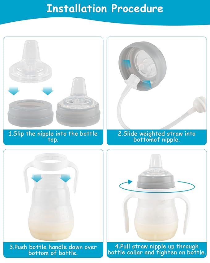 Sippy Cup Conversion Kit for Mam Bottles, Spill-Proof Transition Kit with Silicone Sippy Spout Nipple, Weighted Straw, Handle, 3 Pack, 6m+