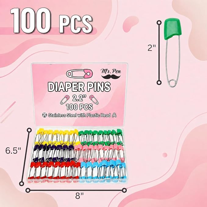 Mr. Pen- Diaper Pins, 2.2", 100 pcs, Stainless Steel, Plastic Head, Nappy Pins with Safe Locking Closures for Crafts, Colorful Laundry Pins