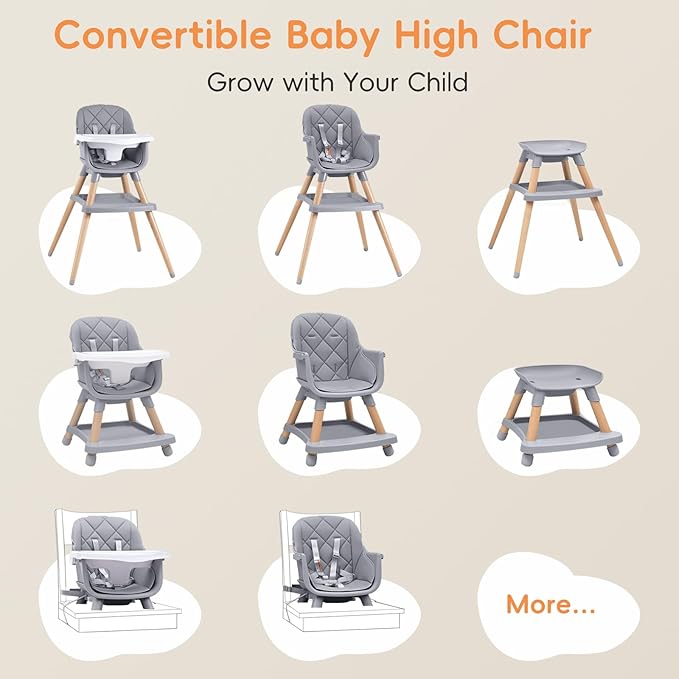 Babyliebe Baby High Chair, 8 in 1 Convertible Wooden High Chair for Babies and Toddlers, Converts to Booster Seat, Toddler Chair & Stool, with Removable Double Tray, Adjustable Legs & Footrest (Gray)