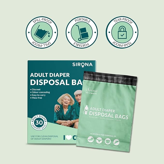 Sirona Disposable Bags for Adult Diapers | Discreet, Locks In Odors, Leak-Proof Adhesive, Environmentally Friendly & Biodegradable | Travel-Friendly Disposal Bags Pack of 30