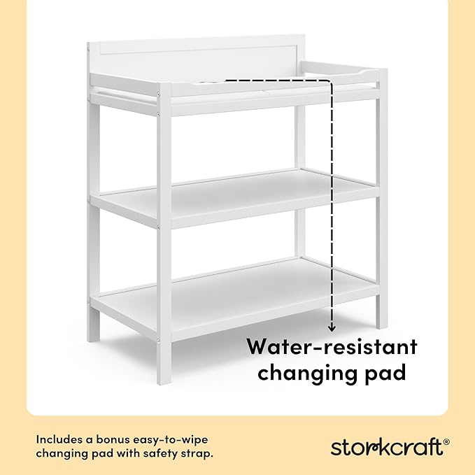 Storkcraft Alpine Changing Table (White) – GREENGUARD Gold Certified Nursery Changing Table, Includes Water-Resistant Changing Pad, 2 Shelves for Nursery Storage and Organizing