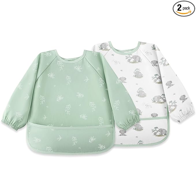 Susurration Long Sleeve Bib for Girl or Boy Baby Smock Bib 2 Pack Waterproof Bibs, Soft Adjustable Long Sleeve Baby Bib, 6-36 Months Baby Feeding Essentials - Green Elephant