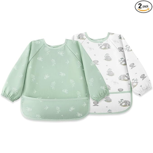 Susurration Long Sleeve Bib for Girl or Boy Baby Smock Bib 2 Pack Waterproof Bibs, Soft Adjustable Long Sleeve Baby Bib, 6-36 Months Baby Feeding Essentials - Green Elephant