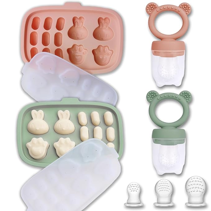 JEXFUN Baby Fruit Food Feeder Pacifier & Freezer Tray Set, Breastmilk Popsicle Molds for Teethinig, Baby Food Storage Containers Breast Milk Ice Cubes for Baby & Infant Self Feeding, BPA Free (2Pack)