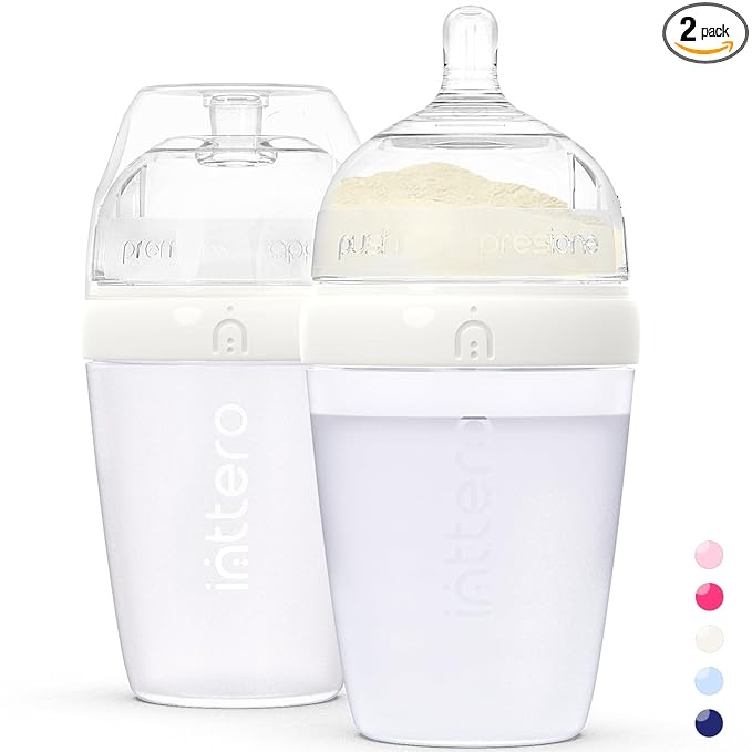 Baby Bottles with Built-in Formula Dispenser, Anti-Colic Wide Neck Design for Newborn Feeding and Everyday Baby Essentials, 9 Oz Medium Flow (2 Pack), Stylish White