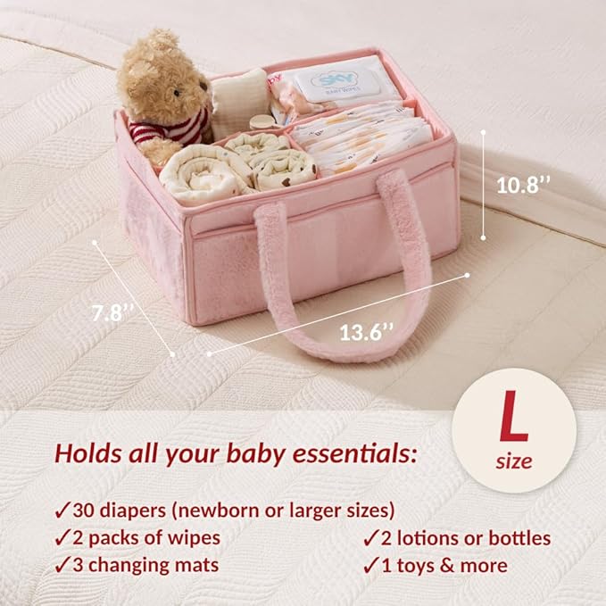 luxury little Soft Baby Diaper Caddy Organizer, Nursery Storage Basket with Removable Divider, Portable Baby Diapers Basket, Gifts for New Parent, Baby Shower (Light Pink)