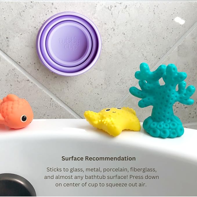 TubbyCup Toddler Bath Rinse Cup – Easy Hair Rinsing Without Tears, Suction Base Sticks to Tub, Soft Collapsible Silicone, BPA-Free (Purple)