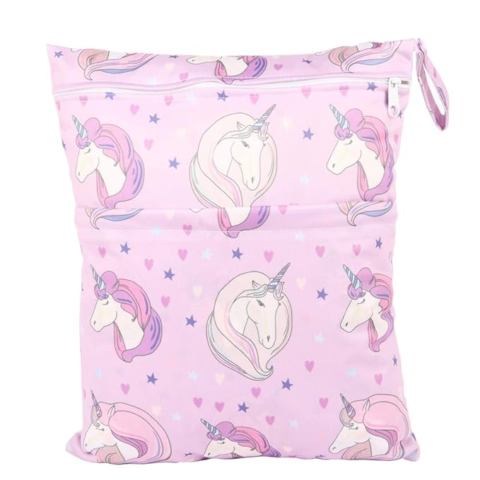2 Wet Bags Reusable Diaper With Two Zippered Pockets For Girls (Flamingo and Horse)