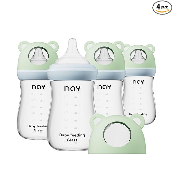 yanyoyo Natural Glass Baby Bottle for Breastfeeding Babies, 8oz Anti-Colic Baby Bottle with Natural Response Nipple(M), Clear, Wide Neck, 4 Pack, 3 Months+