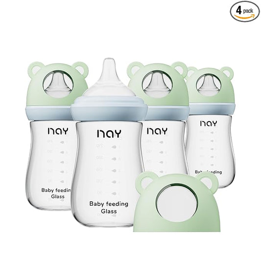 yanyoyo Natural Glass Baby Bottle for Breastfeeding Babies, 8oz Anti-Colic Baby Bottle with Natural Response Nipple(M), Clear, Wide Neck, 4 Pack, 3 Months+