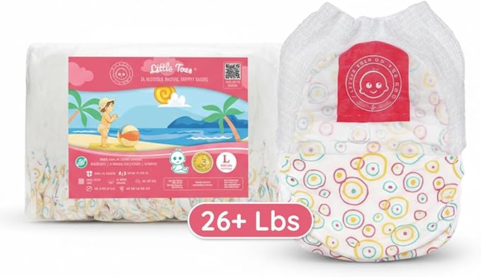 Little Toes Premium Natural Disposable Swim Diapers, Size 5 Large (26+ lbs) (24 Count) | Baby Disposable Swim Diapers | Hypoallergenic, Chlorine & Fragrance-Free | Gentle on Sensitive Skin