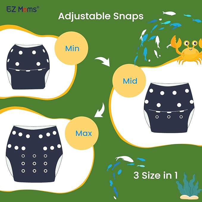 EZ Moms Baby Swim Diapers Reusable 2Pcs Large Size Snap Adjustable Washable One Size Toddler Swim Diaper with a Shammy Towel for Baby Boy Water Diaper Waterproof Swimming Diapers for Swimming Lessons