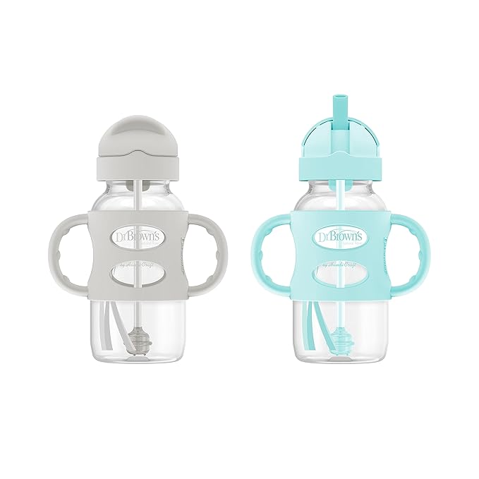 Dr. Brown's Milestones Wide-Neck Sippy Spout Bottle with 100% Silicone Handles, Easy-Grip Handles & Milestones Wide-Neck Sippy Straw Bottle with 100% Silicone Handles and Weighted Straw