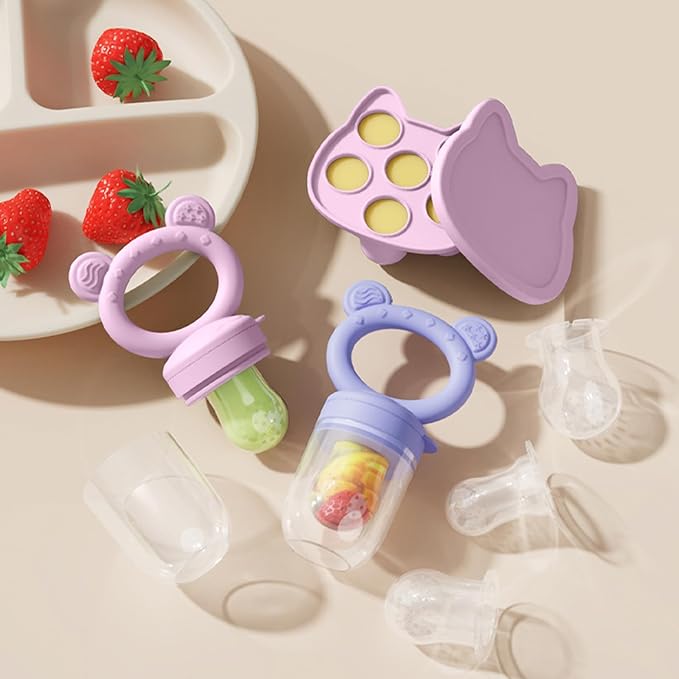 Baby Breastmilk Popsicle Molds & Baby Fruit Feeder (4 Pack), Infant Food Freezer Tray Storage Containers, Silicone Teething Pacifier Feeder and Teether for Babies,Boys and Girls-Pink&Purple