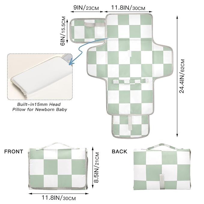 Portable Diaper Changing Pad Travel Baby Changing Mat Waterproof Diaper Changing Mat Foldable Lightweight Baby Changer with Built-in Pillow Checkered White and Green