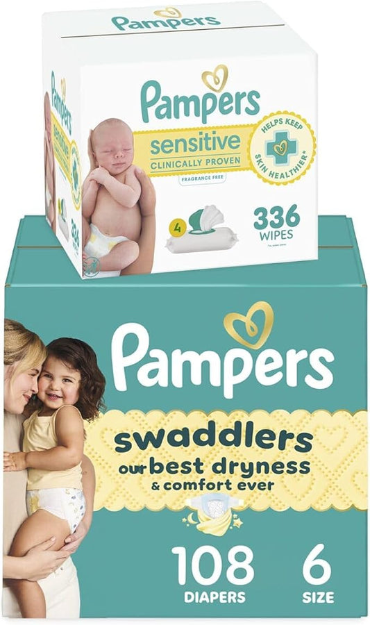 Pampers Swaddlers Disposable Baby Diapers Size 6, 108 Count with Sensitive Water Based Baby Wipes 4X Pop-Top Packs (336 Count)