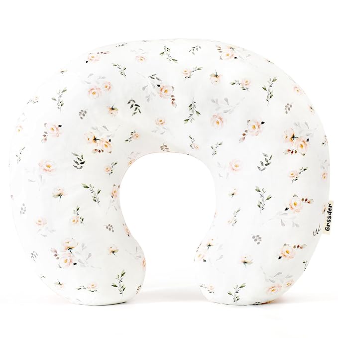 GRSSDER Reversible Nursing Pillow Cover, Ultra Soft Stretchy Minky Removable Nursing Covers Fitted for Breastfeeding Pillows Snug and Safe, Comfortable Slipcover for Girls, Stylish Pink Rose Flora