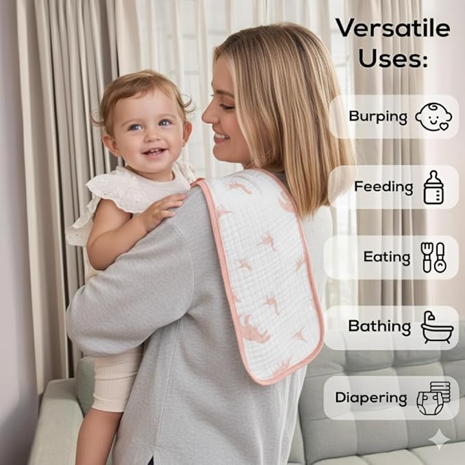 Muslin Burp Cloths, 20"x10"- Pack of 8, 6 Layers Super Soft Absorbent & Breathable 100% Cotton for Baby Drool and Messes, Burp Cloth Baby Boy and Burp Cloths Baby Girl