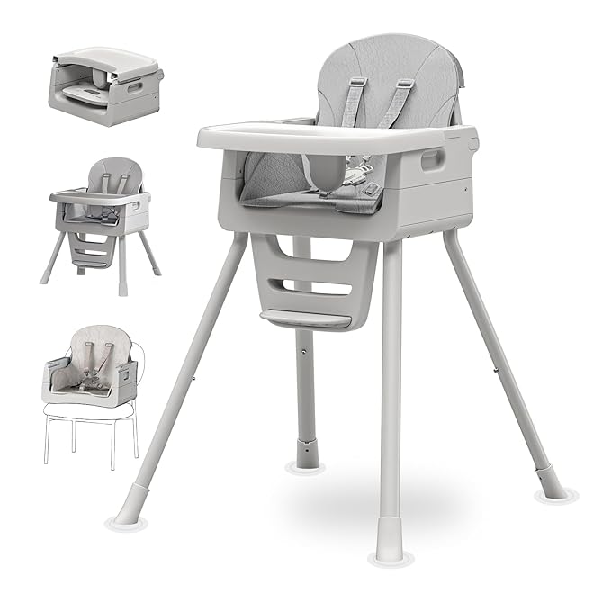 Portable 3 in 1 High Chairs for Babies and Toddlers, Convertible Baby Feeding Chair with Tray, Easy Clean Baby High Chair for Toddler with Foot Rest, Infant Highchairs & Booster Seats with Cush Grey