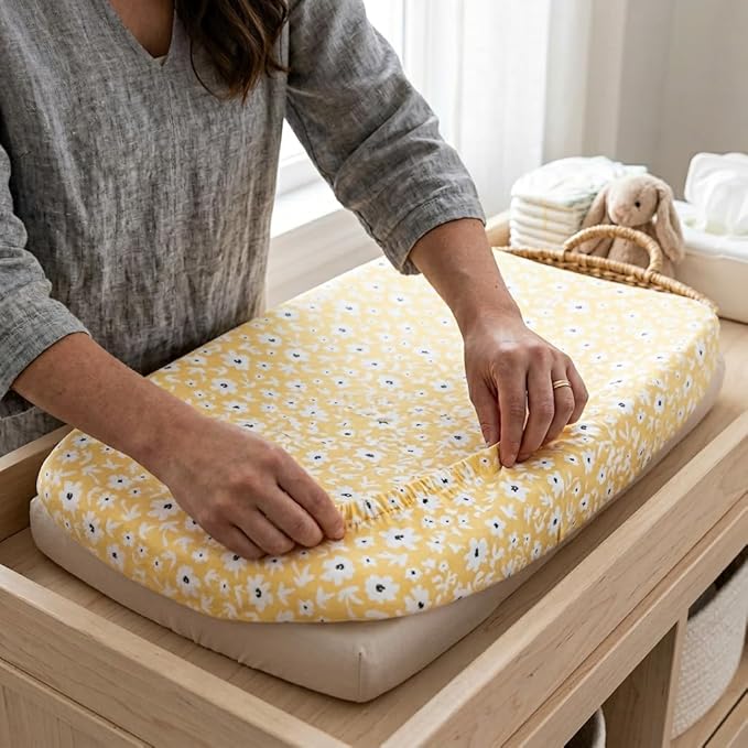 Lulujo Muslin Change Pad Cover - Fitted Changing Pad Cover for Boys and Girls -32"x17", 1 Pack (Yellow Wildflowers)