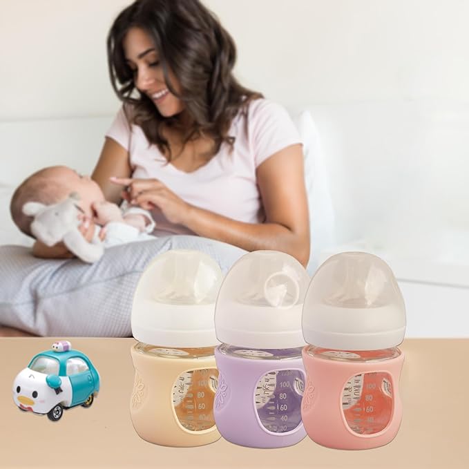 3 Pack Silicone Sleeves for Avent Natural Glass Baby Bottles, Anti Breakage Baby Bottle Holder, Compatible with Philips Avent Glass Natural Baby Bottle (Cute Pink+Light Purple+Beige, 4 OZ)