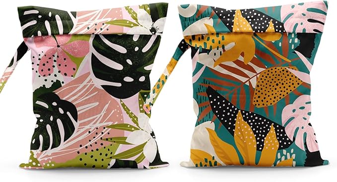 Summer Tropical Palm Leaves Pattern Wet Bag Waterproof Cloth Diaper Wet Dry Bag for Travel Beach Pool Daycare Soiled Toddler Items Yoga Gym - 2pcs