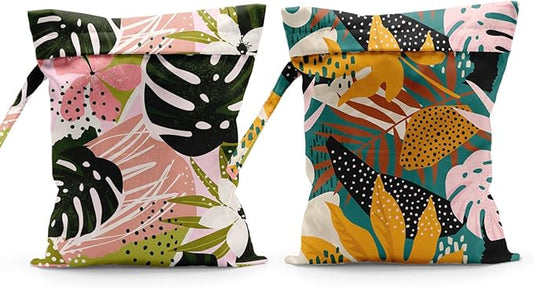 Summer Tropical Palm Leaves Pattern Wet Bag Waterproof Cloth Diaper Wet Dry Bag for Travel Beach Pool Daycare Soiled Toddler Items Yoga Gym - 2pcs
