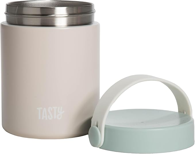 Tasty Food Jar with Folding Handle, Portable Snack Travel or Lunch Container, Stainless Steel Insulated Vacuum with Leak-Proof Lid, Keeps Food Hot or Cold for Hours, 15-Ounce, Cream