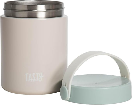 Tasty Food Jar with Folding Handle, Portable Snack Travel or Lunch Container, Stainless Steel Insulated Vacuum with Leak-Proof Lid, Keeps Food Hot or Cold for Hours, 15-Ounce, Cream