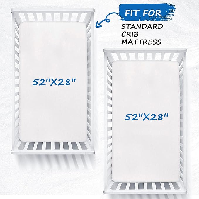 Fitted Crib Sheet 100% Cotton 52"x28"x8", 2 Pack Crib Mattress Sheet Set Fit for Standard Crib and Toddler Bed Mattress, Baby Crib Sheets Boys Girls, White