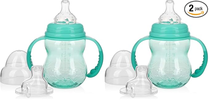 Nuby 3 Stage Tritan Wide Neck Grow with Me No-Spill Bottle to Cup, 8 Oz, Teal (Pack of 2)