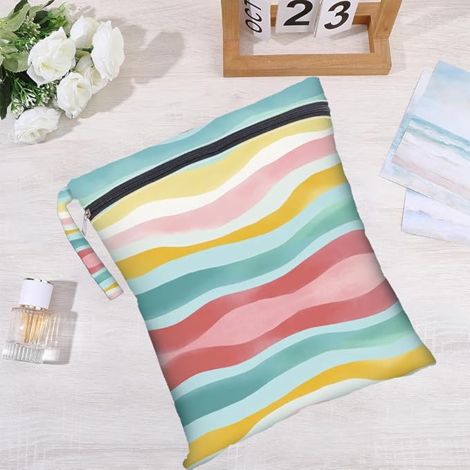2Pcs 2 Sizes Wet Dry Bag Rainbow Beach Wet Bags Stripe Pattern Polyester Waterproof Sandproof Reusable Storage Zipper Pouch for Friends Makeup Swimsuit Travel Dirty Diaper Clothes Gifts